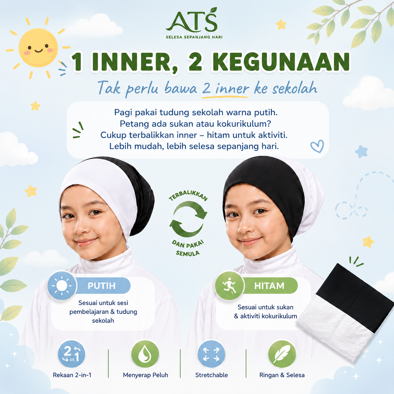 Anak Tudung Sekolah 2 Tone ATS (Hitam Putih) - Image 2