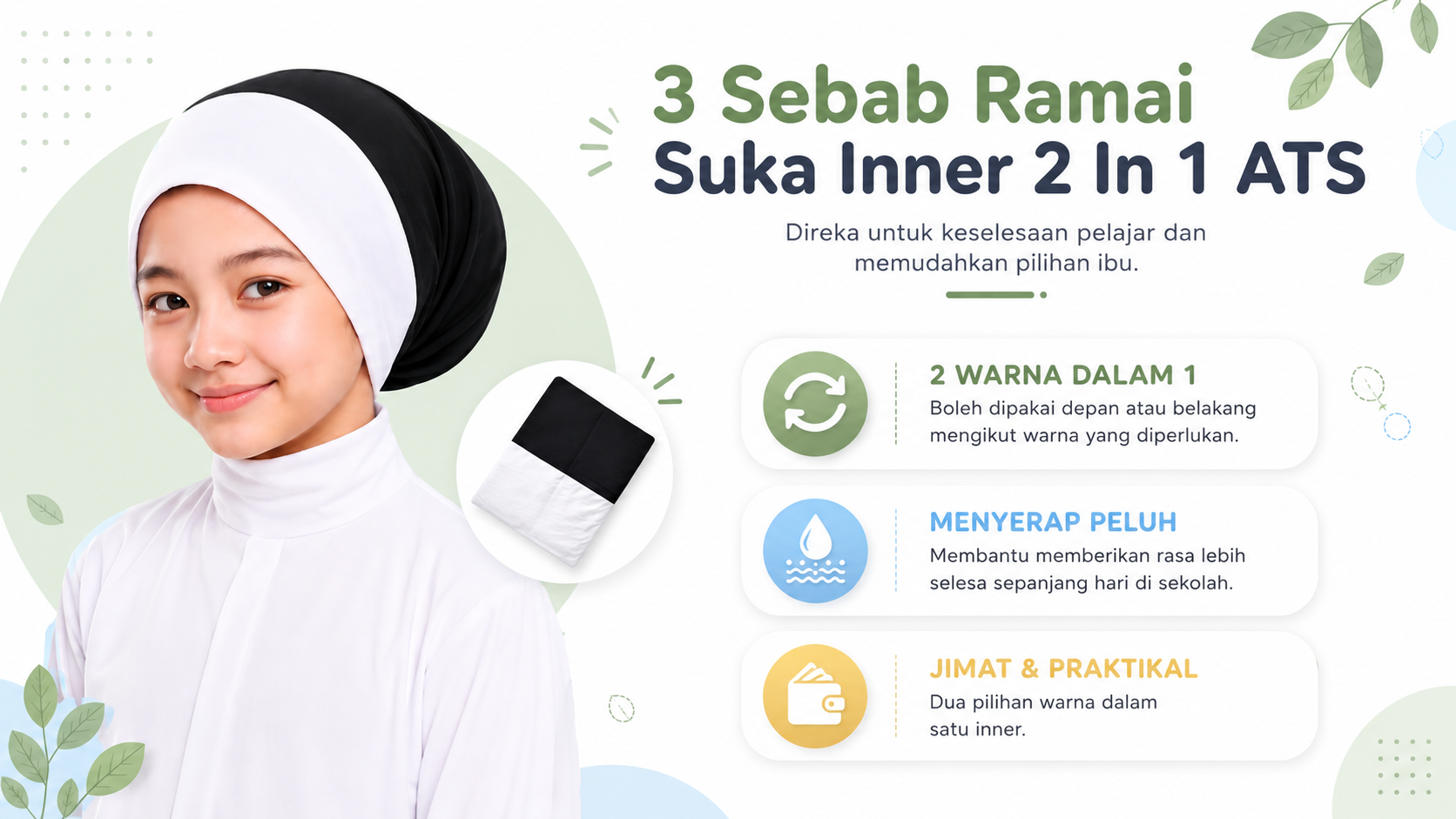 Anak Tudung Sekolah 2 Tone ATS (Hitam Putih) - Image 3