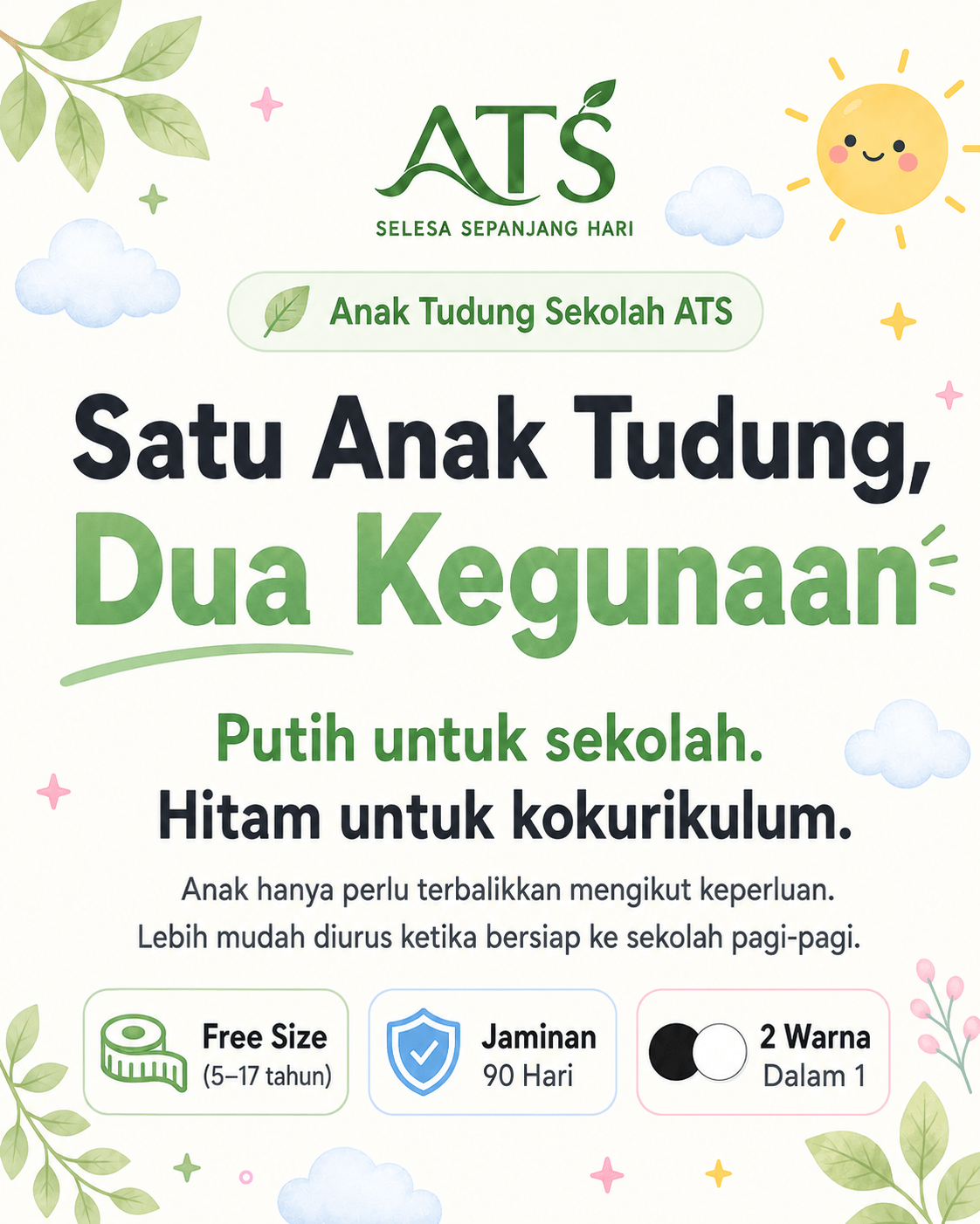 Luna 2 in 1 - Anak Tudung Sekolah ATS - Dua Warna, Satu Anak Tudung