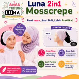 Anak Tudung Sekolah Luna 2 in 1 Mosscrepe Inner Tudung Budak Kanak Kanak Hitam Putih Lycra