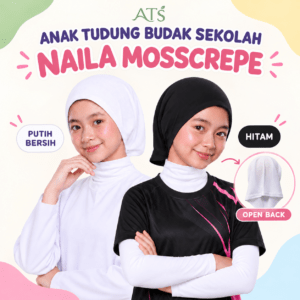 ATS Anak Tudung Budak Sekolah Naila Mosscrepe Open Back Pilihan Warna Hitam Putih Free Size